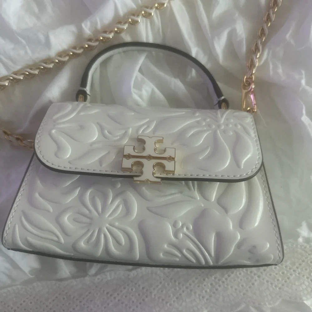 Tory Burch White Embossed Floral Mini Top-Handle Crossbody